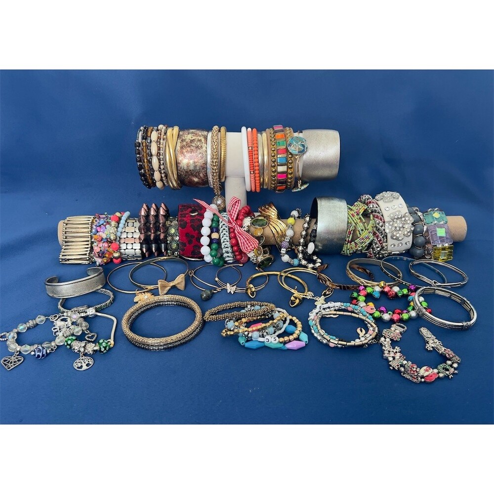 Lot of 60+ Womens Fashion Bracelets Bangles Cuffs Beaded Charm Stretch Mix
